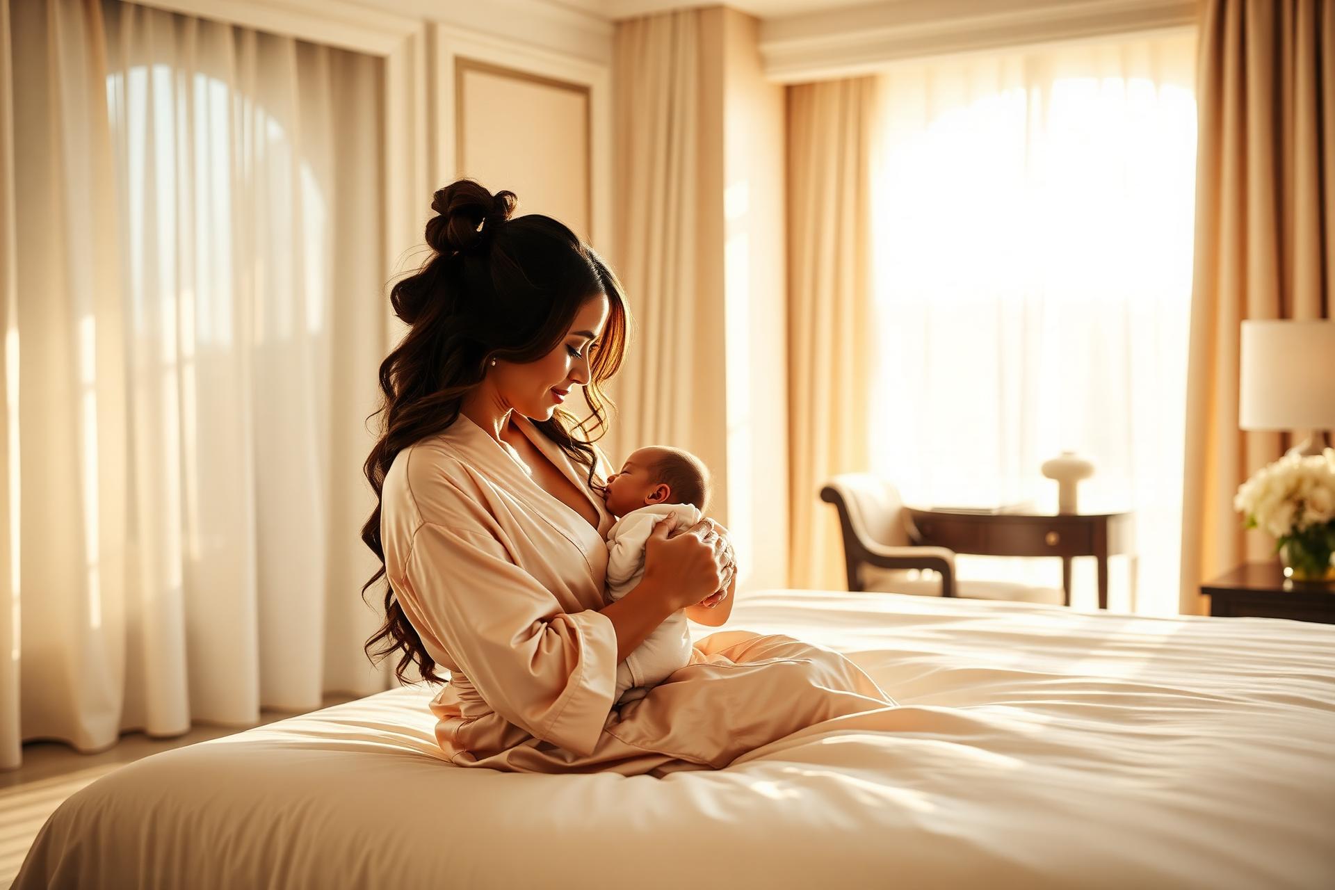 Mother resting in luxury suite with newborn